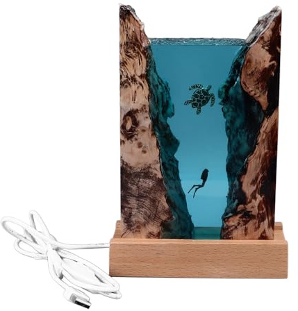 Garosa Divers Schildkröten-Harzlampe, Holz, Nachttischlampe, Schreibtisch-Kunstornamente, Lebendiges Meereskunstlicht mit USB-Kabel, Knopfschalter, LED-Ozeanlampe für