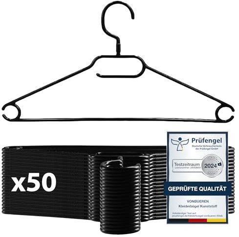 50 x Kleiderbügel schwarz aus Plastik VonBueren | mit Drehhaken | platzsparend | 100% Recyclingkunststoff | hergestellt in der EU