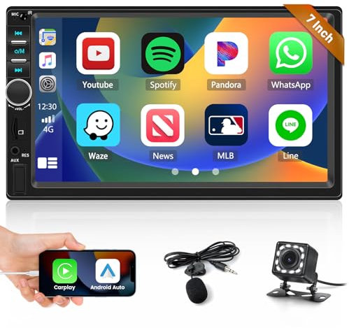 2 Din Autoradio con touchscreen da 7 Portatile, Stereo Auto compatibile con Wired Apple CarPlay e Android Auto, Vivavoce Blutooth Radio FM Telecamera Posteriore Controllo del Volante USB EQ AUX-IN