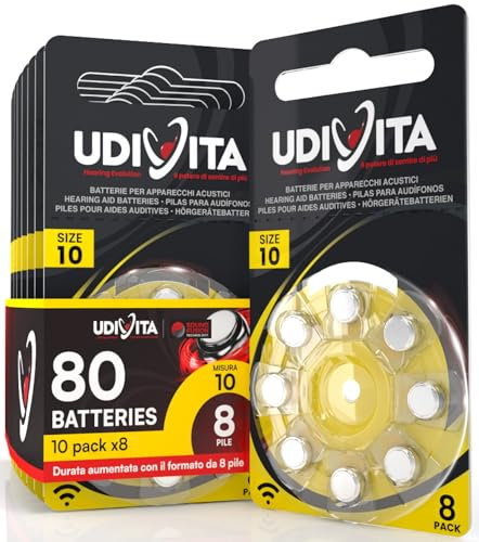 80 Batterie Udivita Misura 10 per Apparecchi Acustici Auricolari PR70 (Gialle - Zinco Aria) con Phono Pulse Technology per Amplificatore Acustico - 10 Blister da 8 Pile