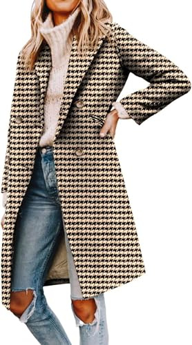 LLECDASEUI Mujeres Cuello Solapa Doble Botonadura Guisante Abrigo Invierno Mezcla De Lana Abrigos Chaquetas Largas (XXL,Pata de gallo)