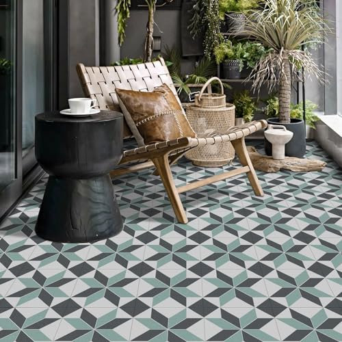 Alwayspon 12Pcs 30cmx30cm Black,White and Green Waterproof Vinyl Flooring Self Adhesive Floor Tiles Sticker Peel and Stick Vinyl Flooring Planks for Kitchen Living Room and Bathroom Floor, PTF88