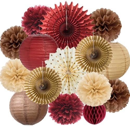 Burgunderrote braune Champagner-Bommeln, Wabenbälle, Papierlaternen, Fächer – rustikale Hochzeit, Herbstparty, Herbstgeburtstag, Brautparty, Babyparty-Dekoration