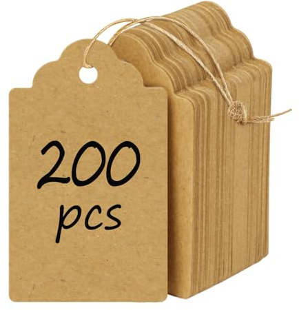 Uniclife 200 Pcs Price Tag with String Attached Writable Brown Kraft Paper Tags with Jute Twine Hang Tag Price Display Labels for Clothing Jewelry Blank Merchandise Marking Tags, 4.5 x 2.7 cm