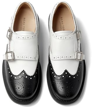 BEAU TODAY Monk Strap Loafers for Women,Brogue Wingtips Leather Shoes,Comfortable Slip-on Double Buckles Design Business Oxford for Women, White and Black, 6 UK