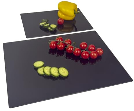 Tempered Glass Cutting Board for Kitchen, Black Cutting Board for Countertop, Dishwasher Safe, Scratch Resistant, Heat Resistant, Shatter Resistant (16x12 & 12x8)