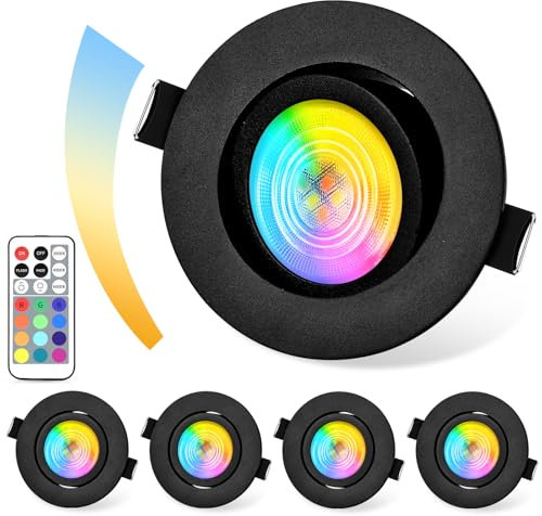 GeyouLux LED Foco Empotrable Regulable RGB, IP44 Aluminio Led Spot 230V 68mm,5W 3CCT,38° + 45° Giro Techo Spot Negro con Control Remoto IR para Baño,4 piezas