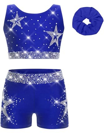 dPois Completo Sportivo da Danza Hip Hop Bambina Tuta da Ginnastica Artistica Ballo di Strada Crop Top Canotta Sportiva + Pantaloncini Sportivi Shorts + Fascia per Capelli Blu 13-14 anni