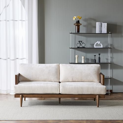 72 Square Arm 3-Seater Sofa with Cane Rattan & Rubber Wooden Frame, Tapered Legs, High-Resilience Sponge Beige Cushions, Vintage Modern Couch for Living Room, Bedroom, Apartment, Office, Walnut