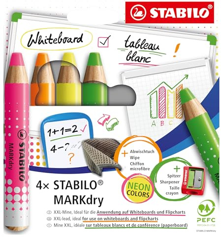 STABILO MARKdry - Crayon Marqueur pour Tableau Blanc et Paperboard - Lot de 4 - Couleurs Néon Assorties avec Taille-crayon et Chiffon d'Essuyage