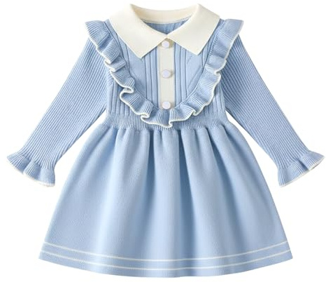 JiAmy Baby Girl Knitted Dress Ruffle Long Sleeve Autumn Winter Sweater A-Line Dresses Toddler Casual Warm Christmas Party Clothes for Girls 2-3 Years Blue