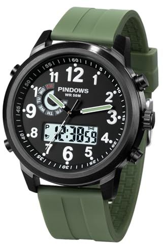 PINDOWS Mens Digital Analog Watch, Multifunction Sport Casual | Dual time display, bright night backlight, daily alarm, precision stopwatch, and splash-proof construction