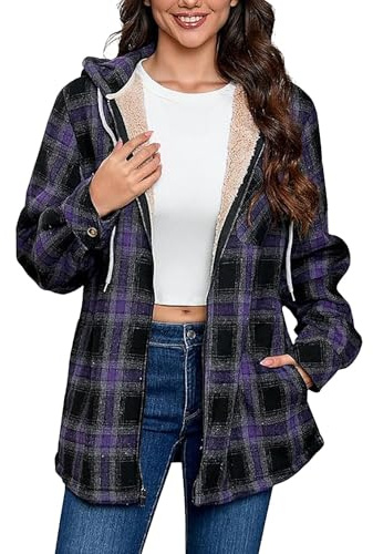 NSICBMNO Purple Winter Jackets For Women Uk, Ladies Zip Up Hoodies, Checked Fleece Jacket With Pockets，Sherpa Fleece Lined Hoodie，Plaid Shacket, Oversized Sweatshirt Drawstring Hoodie, Tunic Tops L