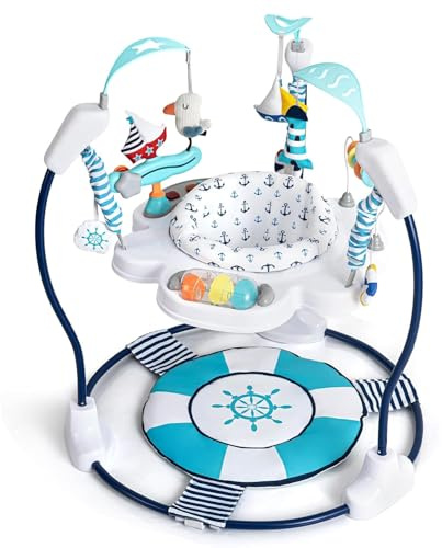 LADIDA Stationary Jumperoo Baby Bouncer Chair Acrobat - 360° Rotating Seat, Musical Toys, and Adjustable Heights (Nautical Activity Blue)