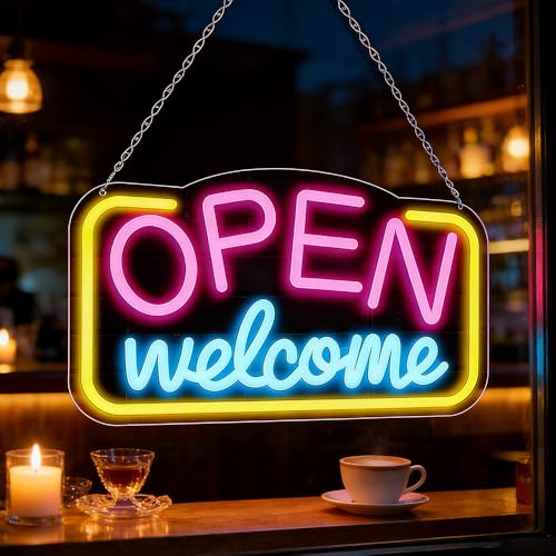 LED Neon Welcome Open Sign, 43x23 CM Neon Light Sign, Open Welcome Neon Signs USB Power with On/Off Switch & 5 Level Lights for Store Window Party Bar Salon Coffee Shop