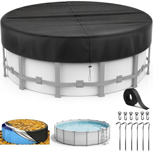 Bache Piscine Ø 365,pour Bassins 320-363cm,Couverture Piscine avec Cordon Serrage et Ancrages Terrestres,Bâche Protection pour Piscine,Protection UV,Antipoussière,pour Piscines Hors-Sol et Trampolines