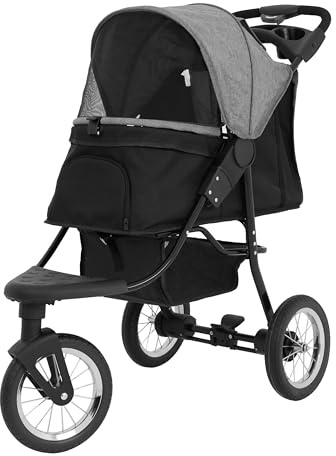 Passeggino Jogger Pieghevole per Animali Grigio Portata 22 kg, 3 Ruote Tubeless con Freni, Guinzagli Interni, Cappottina, Finestre in Mesh, Cestello, Portabicchieri, Borsa Caddy, Copertura Antipioggia