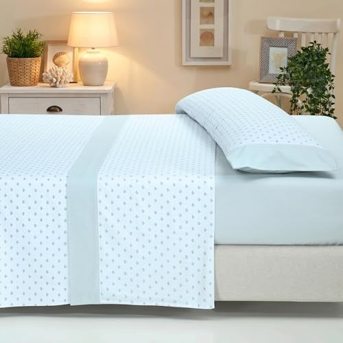 Sábanas 135x190 - Juego de Sábanas 3 Piezas - Algodón y Poliéster - Sábana Bajera Ajustable hasta 30 cm, Encimera y Funda Almohada - Ropa de Cama Estampada Suave y Transpirable (Lira Verde)