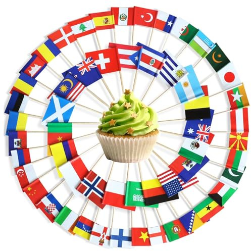 100 Pezzi Stuzzicadenti con Bandiere di Diversi Paesi, Bandierine per Cocktail in Carta, Decorazioni per Panini Cupcake Frutta, Ideali per Feste Internazionali ed Eventi Sportivi