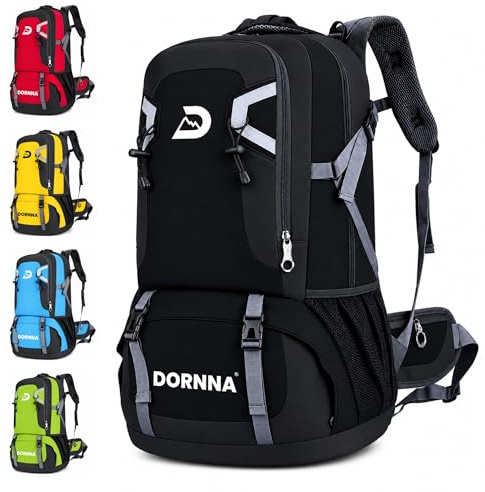DORNNA - Mochila Trekking y Senderismo 60 Litros, Mochila Impermeable para Montaña, Camino de Santiago y Acampada con Múltiples Compartimentos. (Negro)