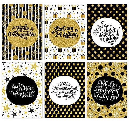 Papierdrachen Set de cartes de Noël - 12 cartes postales pour Noël - Reproduction d'art à envoyer ou collectionner - Motif noir et or