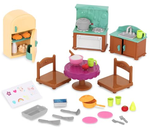 Li’l Woodzeez Juego de Cocina campestre con Muebles y Accesorios | Juego de 30 piezas con fregadero, cocina, nevera, mesa, 2 sillas, utensilios y comida de juguete, 3 años y +