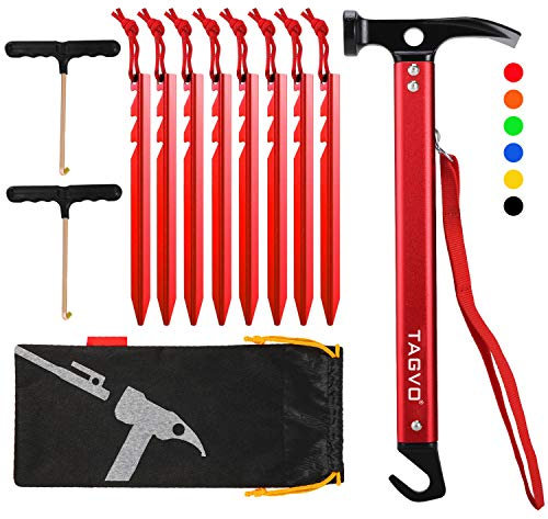 TAGVO Camping Hammer with 8 PCS Aluminum Alloy Tent Pegs and 2 PCS Multifuctional Tent Stakes Puller Set with Storage Bag, Multifunction Aluminum Tent hammer Camping Mallet Portable for Camping