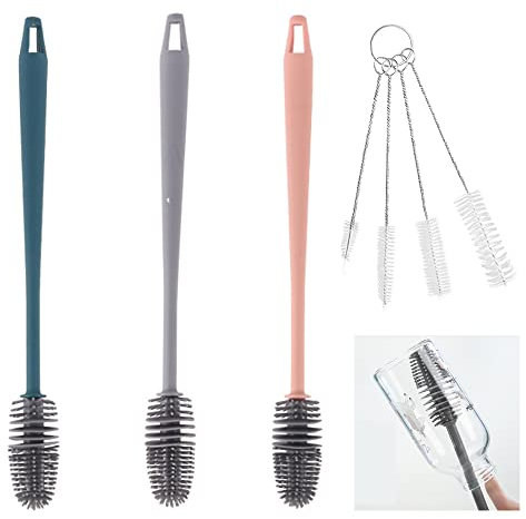 Spazzola per bottiglie, manico lungo, set di spazzole per la pulizia, spazzola in silicone, 33 x 3,5 cm, 7 pezzi