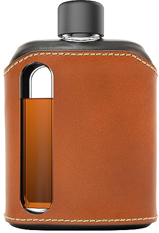 Ragproper Modern Glass Hip Flask - Durable Leather Covered Flask for Whiskey, Spirits, & Other Liquor - Ideal Glass Flask for Men & Women (Double Shot 240ml, Leather, Black & Tan)