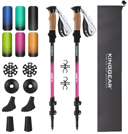 KINGGEAR Nordic Walking Stick, TP1 Hiking Poles Retractable Lightweight 7075 Aluminum, Trekking Poles with Flip Lock, Natural Cork and EVA Grip, 2pc Hiking Gear