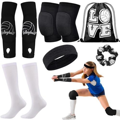 6 Pcs Volleyball Knee Pads Arm Sleeves Volleyball Accessories Set with Sport Hair Scrunchies Sweatband Socks Drawstring Bag for Women Teen Girls Youth (Medium, Black)