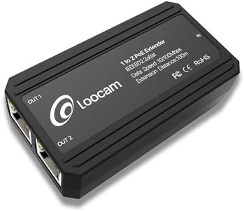 Loocam 1 a 2 PoE Extender, 10/100Mbps, 100 Meter(328ft) de Transmisión para Dispositivos PoE, 1 Entrada 2 Puertos de Salida PoE Repetidor, IEEE 802.3AF/AT, Puerto de Red RJ45, Plug and Play
