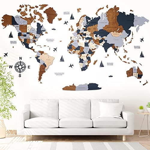 WOW WOOD® Mappa del Mondo in Legno 3D in Italiano - Decorazioni murali di Alta qualità | Montaggio a Parete Senza Attrezzi | Idea Regalo per Ogni ricorrenza (62.00 x 120.00 CMS, Marrone Scuro)