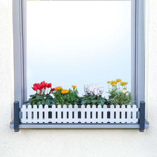 GREEN CREATIONS masu Basisset Anthrazit, Blumenkastenhalterung ohne Bohren, Absturzsicherung, Fensterbank, stufenlos verstellbar 78-140cm (Dekorelemente: Classic, Lichtgrau)