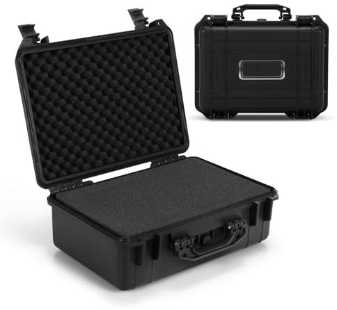 GYMAX Kamerakoffer, wasserdichter & staubdichter Waffenkoffer mit Rasterschaumstoff, multifunktionaler Transportkoffer für DSLR Kamera, Objektive, Pistole & kleine Drohne, Schwarz (56 x 44 x 22 cm)