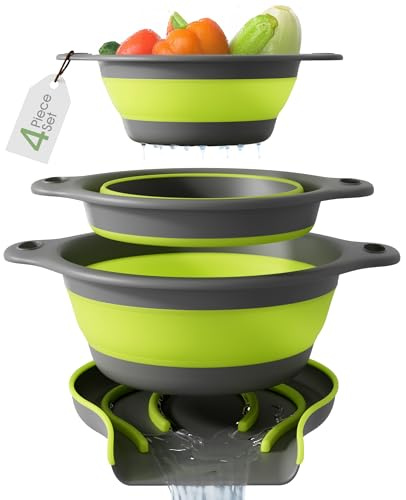 Gevoli Colador plegable con base autodrenante para borde del fregadero (set de 3 medidas), colador de plástico para alimentos (verde/gris)