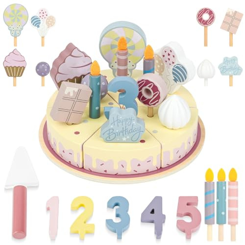 Ainiv Juguete de Madera para Tarta Cumpleaños, Comida Juguete Cocinita con Velas Extraíbles y Elementos Decorativos, Juego Fiesta de Té con Pastel Falso para Niños 18 Meses o Más (Rosa)