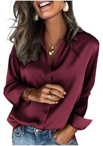 Zeagoo Camicia da Donna Elegante di Seta in Raso Camicetta a Maniche Lunghe con Scollo a V Blusa con Bottoni Unita Maglietta Shirt per Lavoro Casual Rosso Vino S