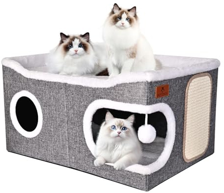 Extra Large Cat Beds for Indoor Cats, Covered Cat Cave Beds & Furniture with Scratch Pad and Fluffy Ball, Foldable Cat Condo Hideaway with Reversible Cushion for Multi Small Pet Large Kittens, Grey