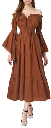 Duohropke Abito medievale da donna rinascimentale maxi abito senza spalle scoperte in pizzo con maniche a tromba, gonna lunga a linee, abito a tunica, abito lungo da sera per Halloween, marrone, M