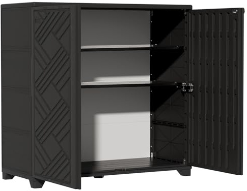 ZZM Indoor/Outdoor Storage Cabinet Waterproof, 34x15x34 Plastic Outdoor Storage Box for Garden Balcony Bathroom, All Weather Outdoor Storage Clearance, DIY Usage, with 2 Shelf (Black)