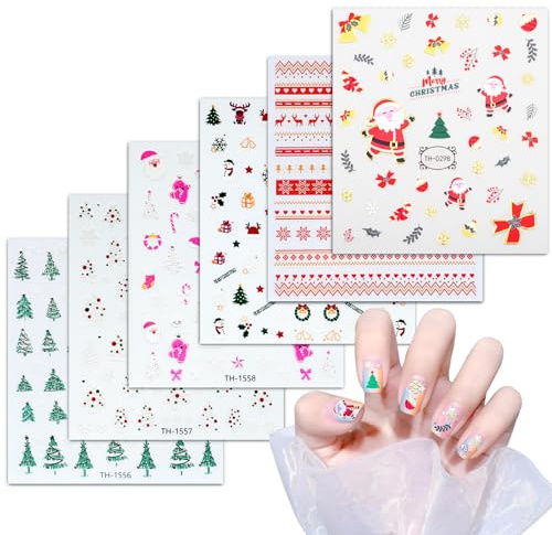 WD&CD 6 Hojas Pegatinas para Uñas Decorativas, Autoadesiva Nail Art Stickers de Navidad Decoración, Colorful