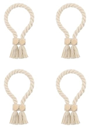 Iirlvior 4 fermatenda magnetici per tende, corda di cotone, fermatenda in legno bohémien, corda di cotone, per la casa, l'ufficio, decorazione (beige)
