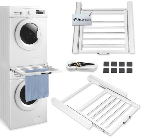 Allyson® Universal Zwischenbaurahmen für Trockner & Waschmaschine - Waschmaschinen Stapelrahmen Set Inkl. Spanngurt & 8 Pads, Metall-Verbindungssatz, Podest mit Ausziehtrockner