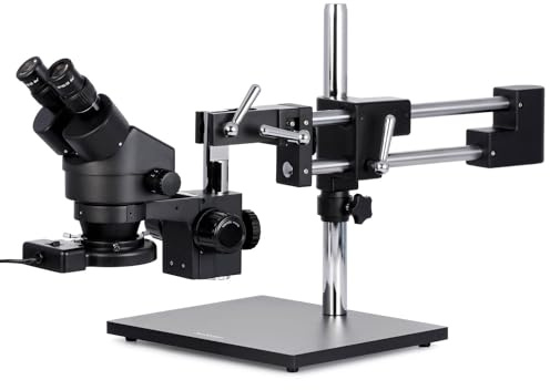 AmScope SM-4BZ-FRL-B Professional Binocular Stereo Zoom Microscope, WH10x Eyepieces, 3.5X-90X Magnification, 0.7X-4.5X Zoom Objective, 8W Fluorescent Ring Light, Black Double-Arm Boom Stand, 110V-120V, Includes 0.5x and 2.0x Barlow Lenses