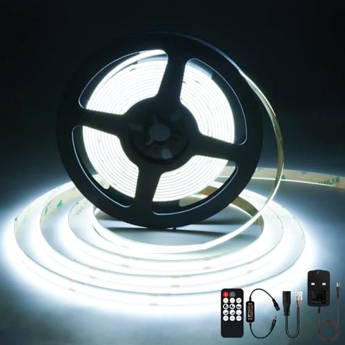 SIRYYUI COB LED Strip 5M, 6000K Daylight White LED Strip Lights with Remote | 24V Dimmable LED Strip Kit, 8mm Wide, CRI 90+, Dotless Flexible Cuttable, LED Tape Lights for Kitchen DIY & Home Decoration