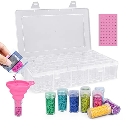 Diamond Painting Aufbewahrungsbox,60 Runde Kunststoff Dosen Diamant Stickerei Box,Perlen Nagel Kunst Aufbewahrung Behälter Malerei Zubehör DIY Basteln Schmuck Strass mit Stickers und Trichtern