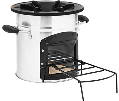 vidaXL Camping Ofen, Raketenofen Ausziehbare Ablage, Campingkocher mit 2 Griffen, Outdoor Holzofen für Kochen im Freien BBQ, Silbern Edelstahl