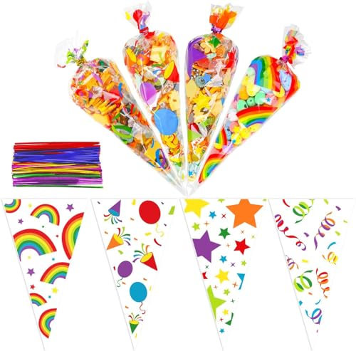 VEYLIN 120 Stück Süßigkeiten Tüten 30x17CM Candy Bar Tüten Spitztüten Transparent Cellophantüten mit 150 Twist Ties Geschenktüten für Schokolade Party Bonbons Kekse Ostern Hochzeit