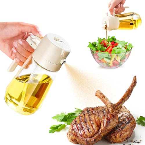 DAWRIS 470ML Oil Spray Bottle 2-in-1 Oil Dispenser Spray and Pour, Olive Oil Dispenser Bottle Glass Oil Sprayer for Cooking, Spray Bottle for Oil for Kitchen Air Fryer BBQ Salad Baking, Beige